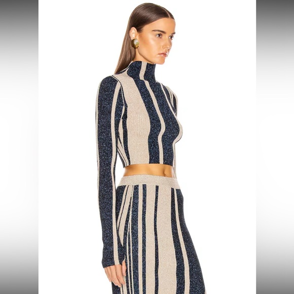 Self-Portrait Metallic Knit Cropped Turtleneck Top Navy Gold Striped Size Small - Picture 2 of 8